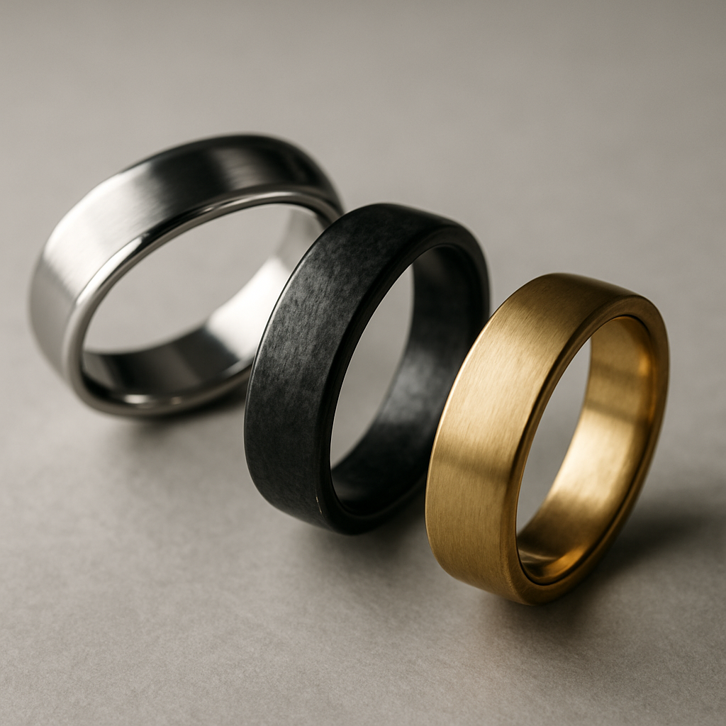 Three men's wedding bands, professionally photographed
