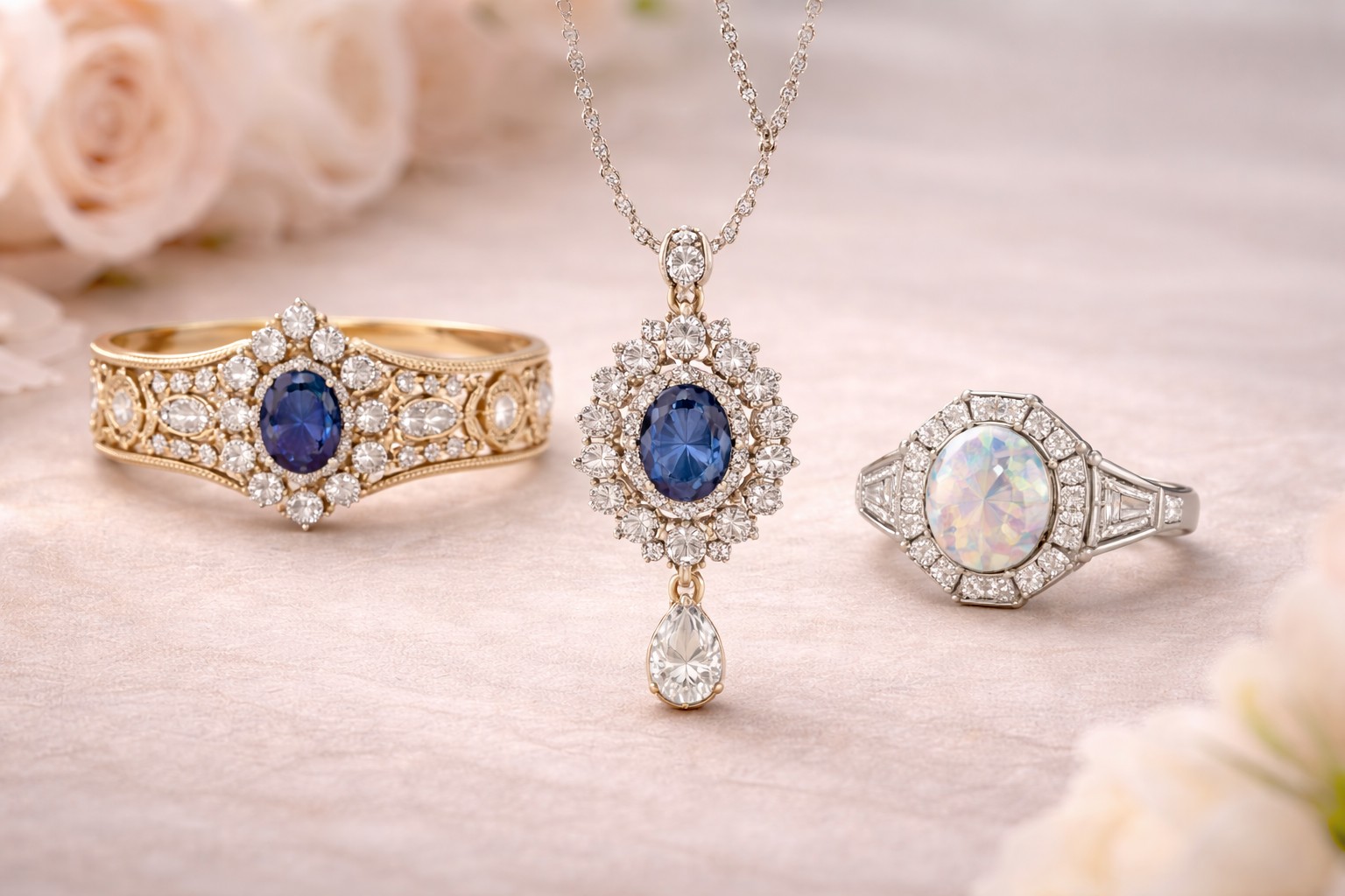 Bespoke custom jewelry featuring sapphire halo necklace, gold sapphire band, and opal diamond ring