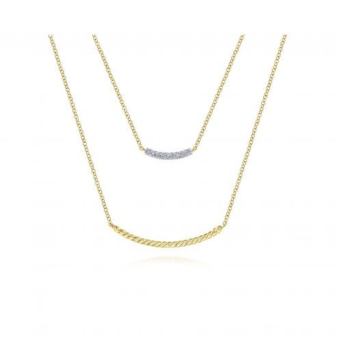 Yellow Gold Layered Twisted Diamond Bar Pendant Necklace