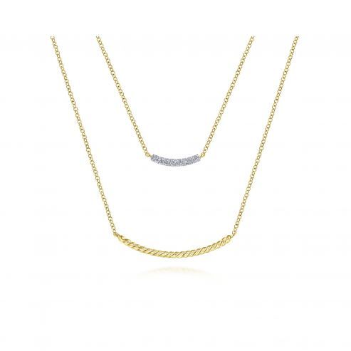 Yellow Gold Layered Twisted Diamond Bar Pendant Necklace